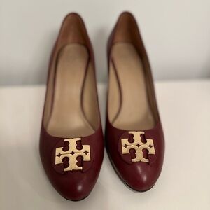 Tory Burch Maroon Wedges with Gold Detail